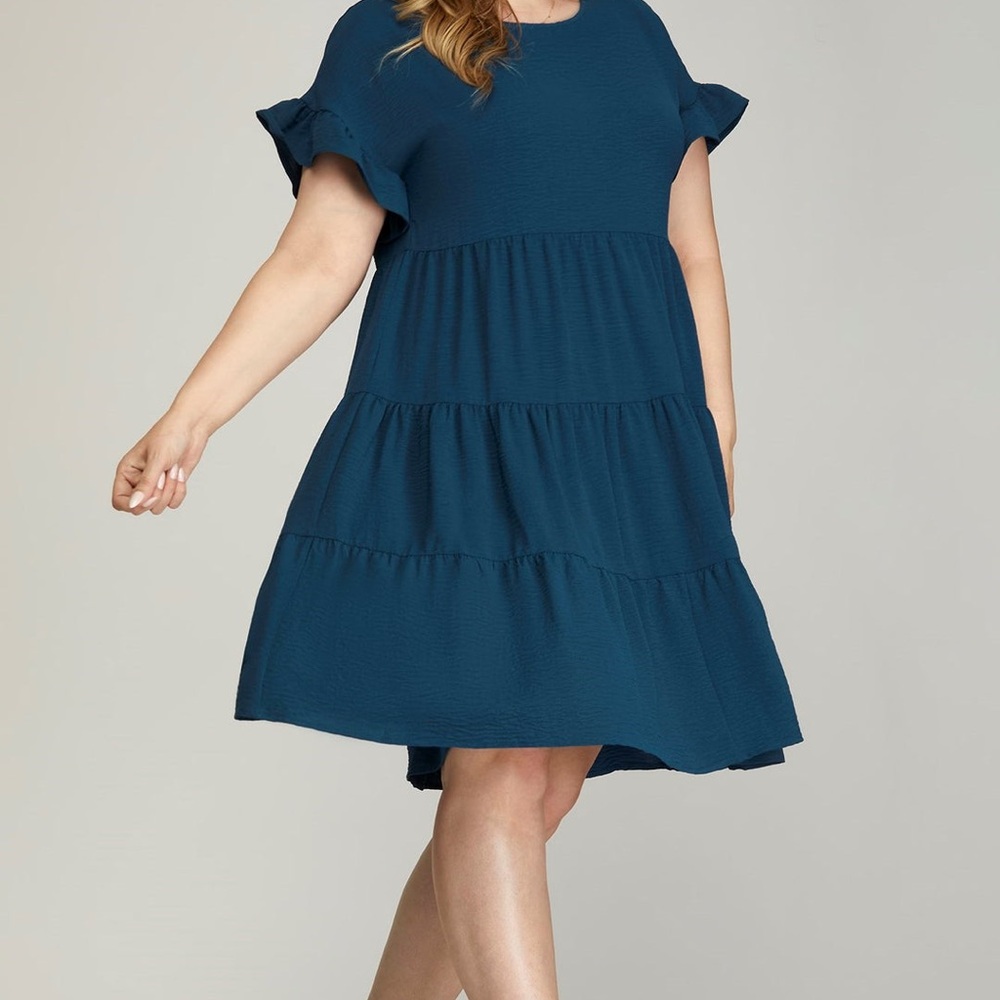 She + Sky Teal Ruffle Sleeve Mini Dress